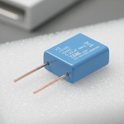 Kapasitor Keamanan Lubang Tembus X2 Tegangan Terukur 310VAC Bahan Kawat Timah Tembaga Dirancang untuk Penekanan Kebisingan Listrik