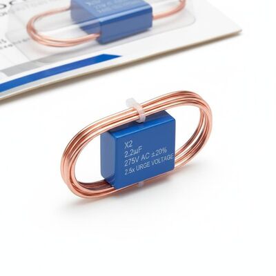 Bahan Kawat Timbal Tembaga Berlapis Timah Kapasitor Keamanan X2 Toleransi Kapasitansi Plus Minus 20 Persen Tegangan Lonjakan Terukur 2,5 Kali Tegangan Terukur